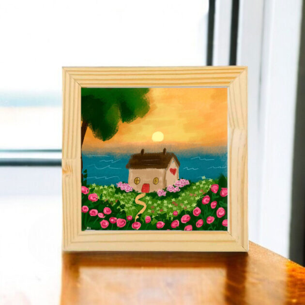 Azulejo decorativo com o desenho de uma casa com um jardim com flores rosas e um nascer do Sol 