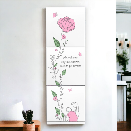 Azulejo decorativo Trio de azulejos para presentear Dia das Mães com a frase Amor de Mãe: raiz que sustenta, cuidado que floresce