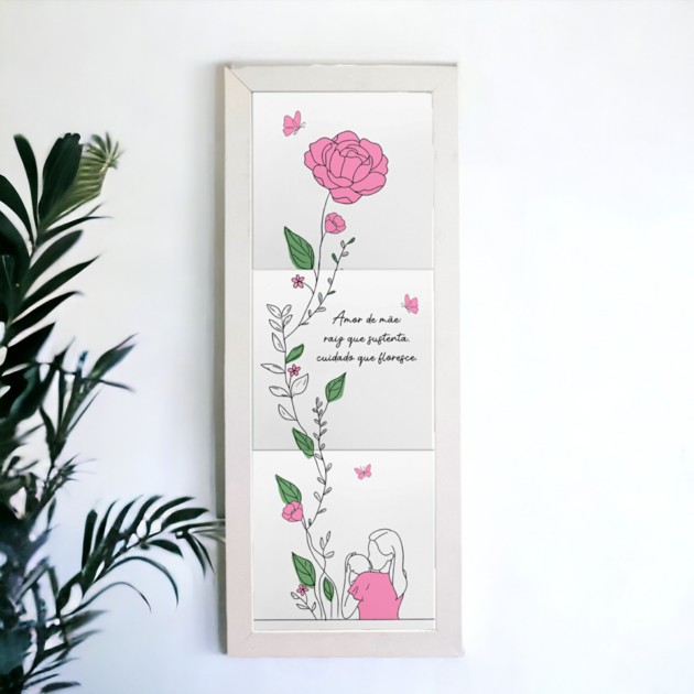 Azulejo decorativo Trio de azulejos para presentear Dia das Mães com a frase Amor de Mãe: raiz que sustenta, cuidado que floresce