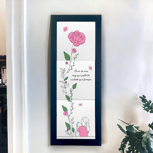 Azulejo decorativo Trio de azulejos para presentear Dia das Mães com a frase Amor de Mãe: raiz que sustenta, cuidado que floresce