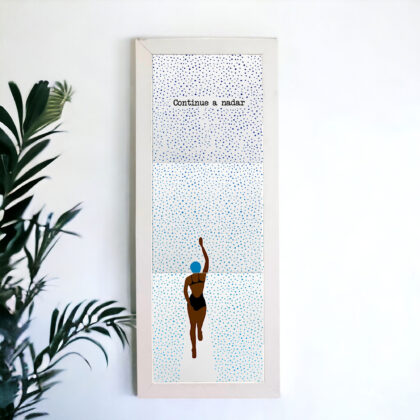 Trio de azulejos decorativos com o desenho de uma mulher nadando com a frase Continue a nadar - Modelo 2
