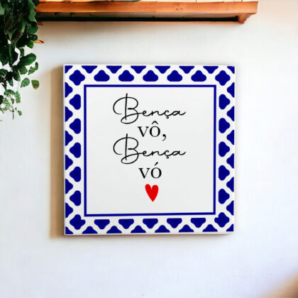 Azulejo decorativo com a frase Bença vô, Bença vó - Com desenho de azulejo Português - Presente para o Dia dos Avós
