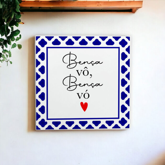 Azulejo decorativo com a frase Bença vô, Bença vó - Com desenho de azulejo Português - Presente para o Dia dos Avós