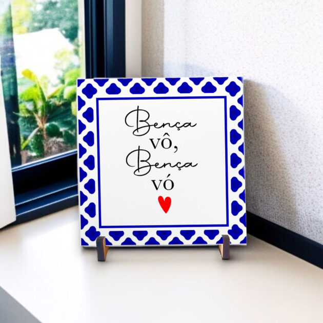 Azulejo decorativo com a frase Bença vô, Bença vó - Com desenho de azulejo Português - Presente para o Dia dos Avós - Imagem 2