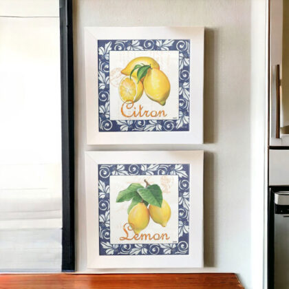 Conjunto de dois azulejos decorativos para a cozinha com as palavras Citron e Lemon e com os desenhos dos limões sicilianos