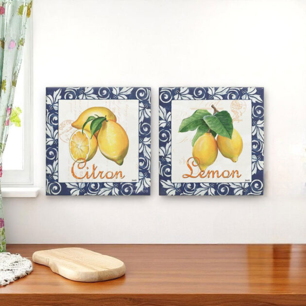 Conjunto de dois azulejos decorativos para a cozinha com as palavras Citron e Lemon e com os desenhos dos limões sicilianos